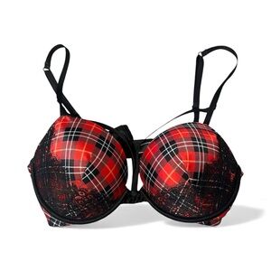 Victoria's Secret Red and Black Plaid Lace Padded Push-Up Very Sexy Bra 34C